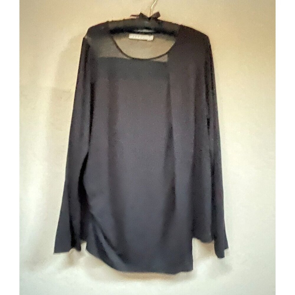 209 WST Women's Long Sleeve Lagenlook Wrap Blouse Sheer Yoke Top Large Black